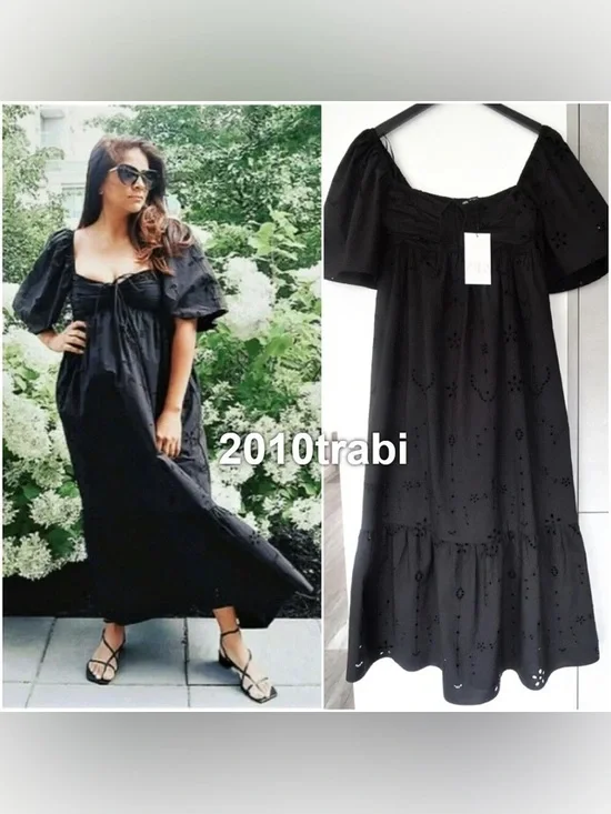 ZARA Black Puff-Sleeve Midi Dress - Classic Feminine Style SIZE M NWT - Picture 5 of 5